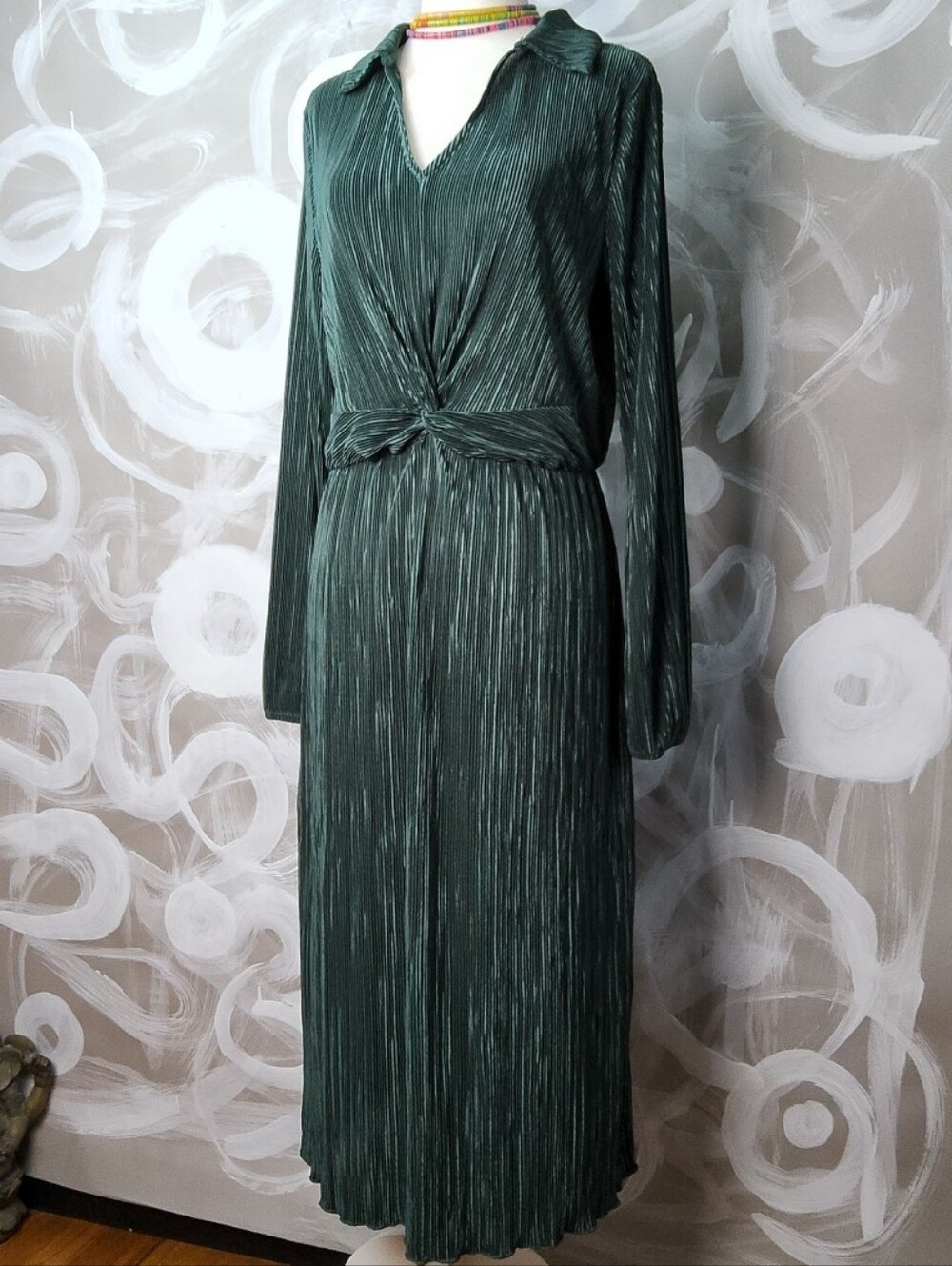 NAIF Anthropologie Wmns M Dress Hunter Green Midi Lng Slv Gathered Frnt Collar